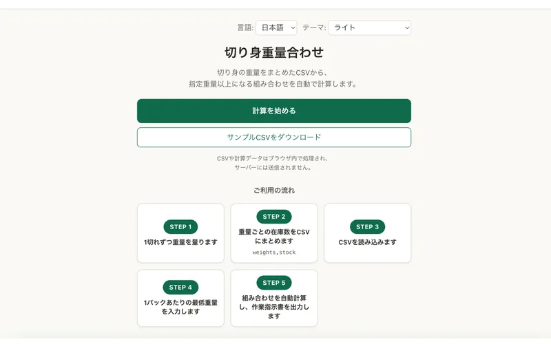 切り身重量合わせのトップ画面（利用の流れ5ステップ）
